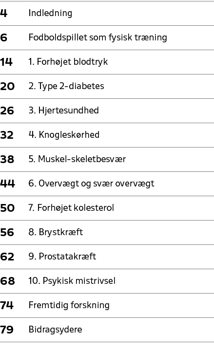 4,Indledning,6,Fodboldspillet som fysisk tr ning,14,1. Forh jet blodtryk,20,2. Type 2 diabetes,26,3. Hjertesundhed,32...